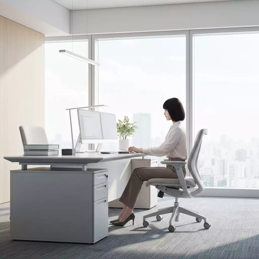 Modern executive office with an ergonomic chair and a person working comfortably