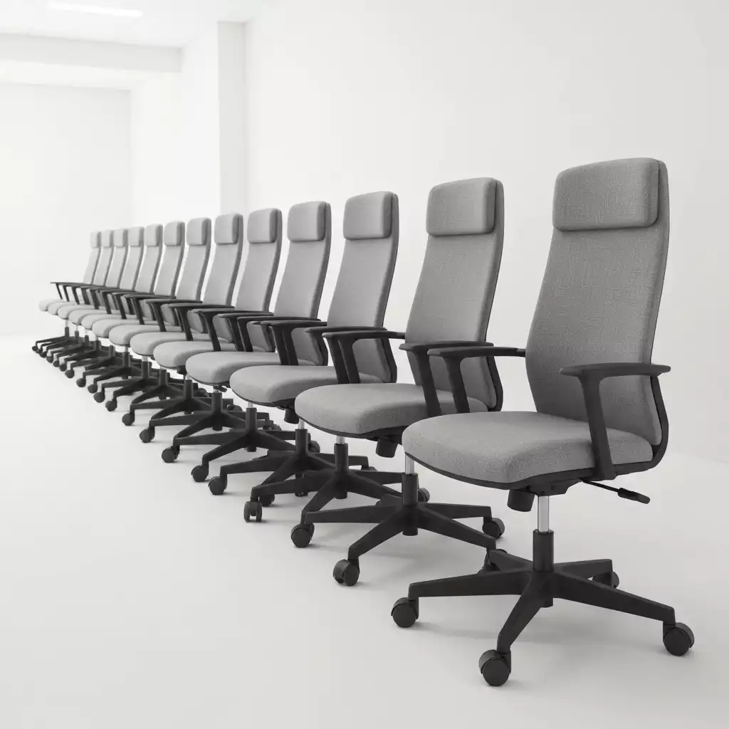 Modern office chairs neatly arranged in a row, illustrating bulk purchase and uniformity