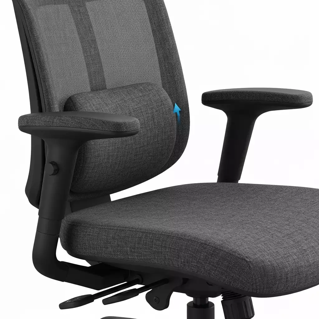 Close-up of an ergonomic office chair's adjustable lumbar support and armrests, focus on comfort, no text, no words, no typography, clean image