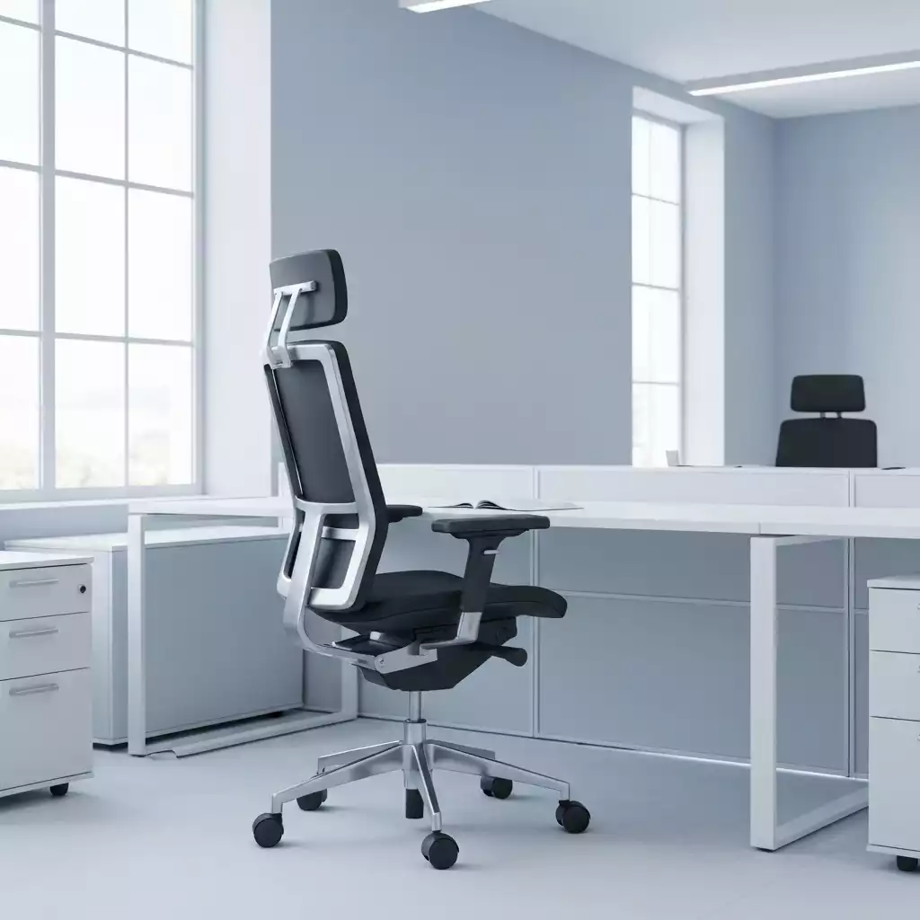 Person using an adjustable office chair at a minimalist desk