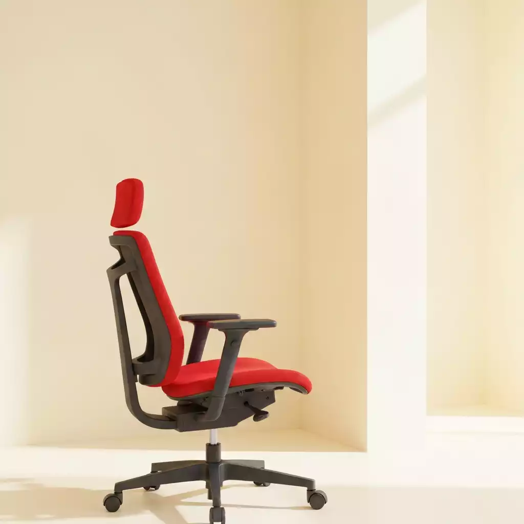 Modern office chair in a minimalist office setting, showcasing its ergonomic features, no text, no words, no typography, clean image