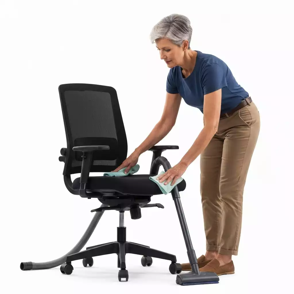 Person cleaning and maintaining an office chair