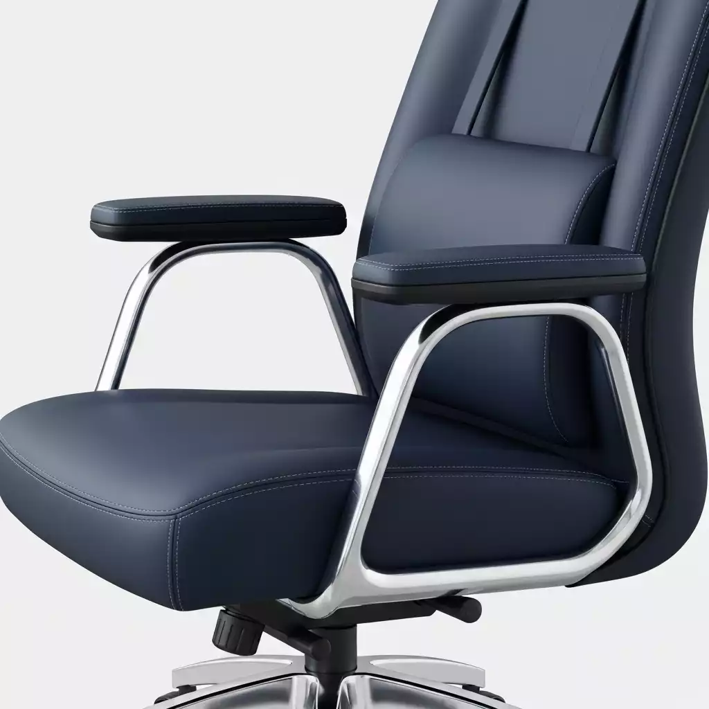 Close-up of an executive chair's ergonomic features like lumbar support and adjustable armrests