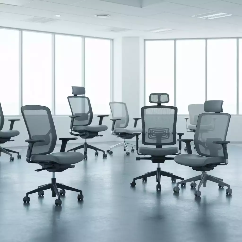 A collection of diverse office chairs, including ergonomic, mesh, and executive styles, arranged in a modern office setting