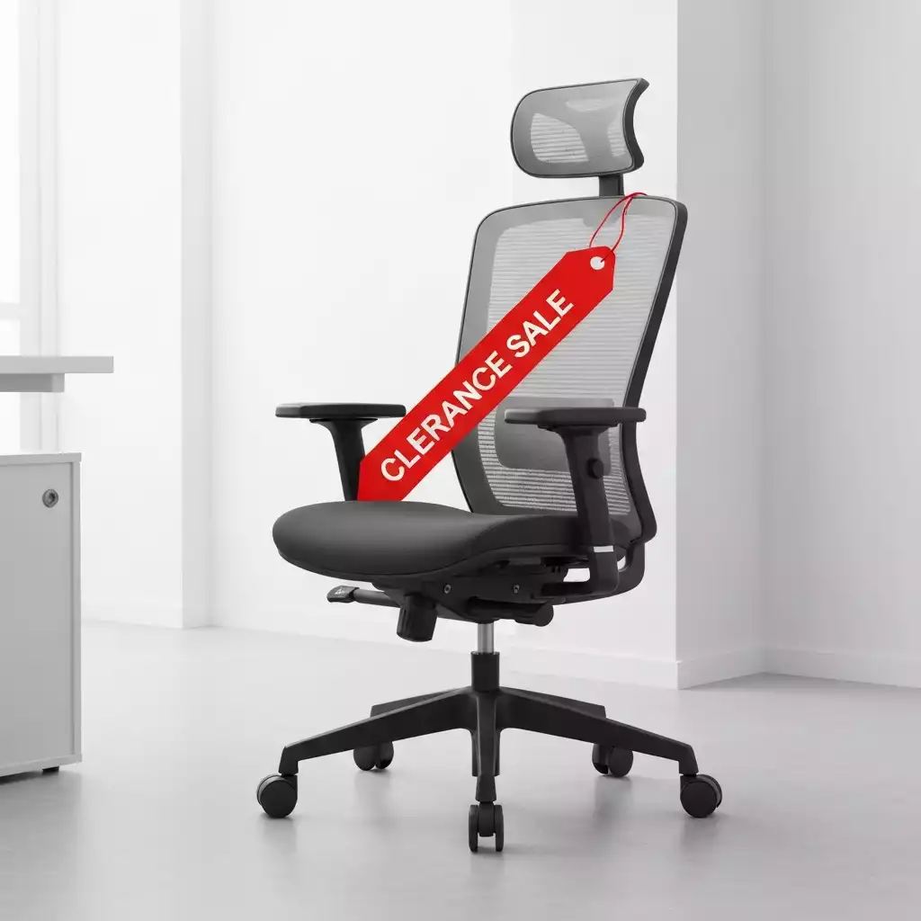 Modern ergonomic office chair on clearance sale tag in a clean office setting, no text, no words, no typography, 8K, high resolution