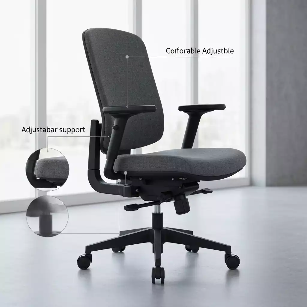 Detailed view of ergonomic office chair features like lumbar support and adjustable armrests