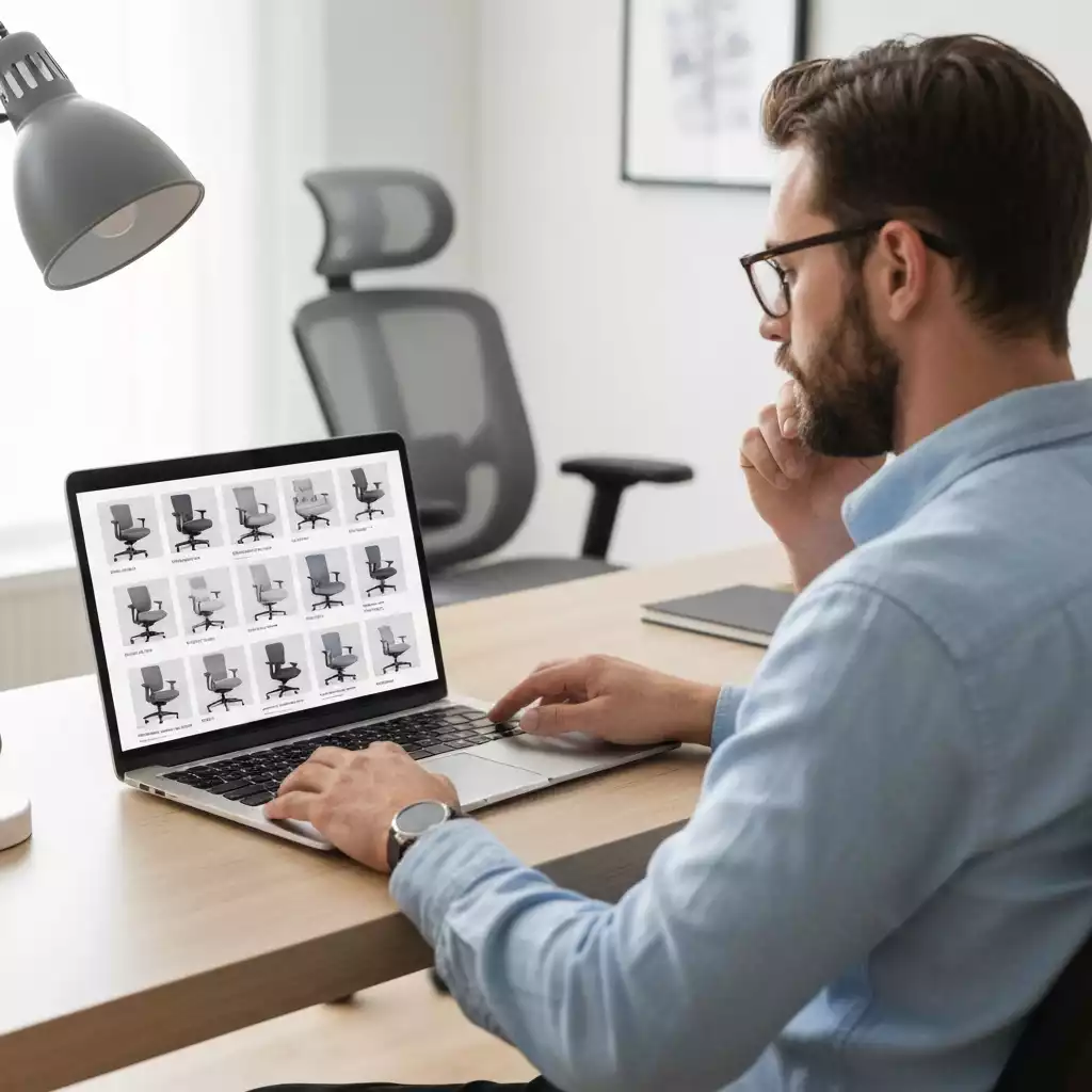 Someone browsing online office chair deals on a laptop, with a comfortable chair in the background, no text, no words, no typography, 8K, natural lighting