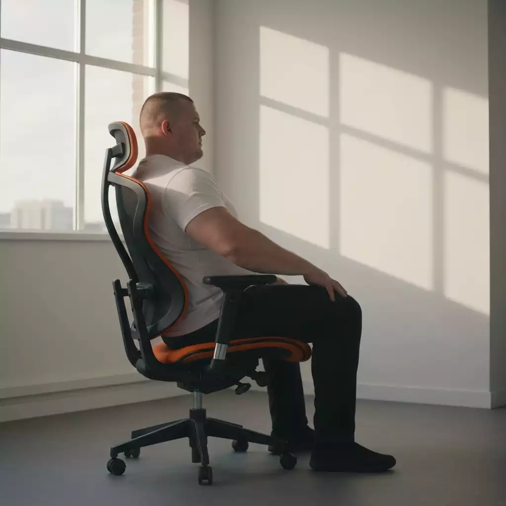Large individual comfortably seated in an ergonomic office chair