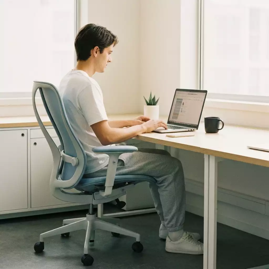 Person comfortably working in a cute, ergonomically designed office chair