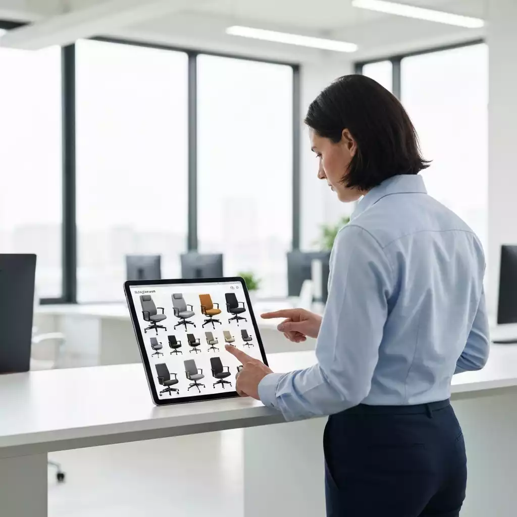 Person evaluating different decorative office chair options, no text, no words, no typography, 8K