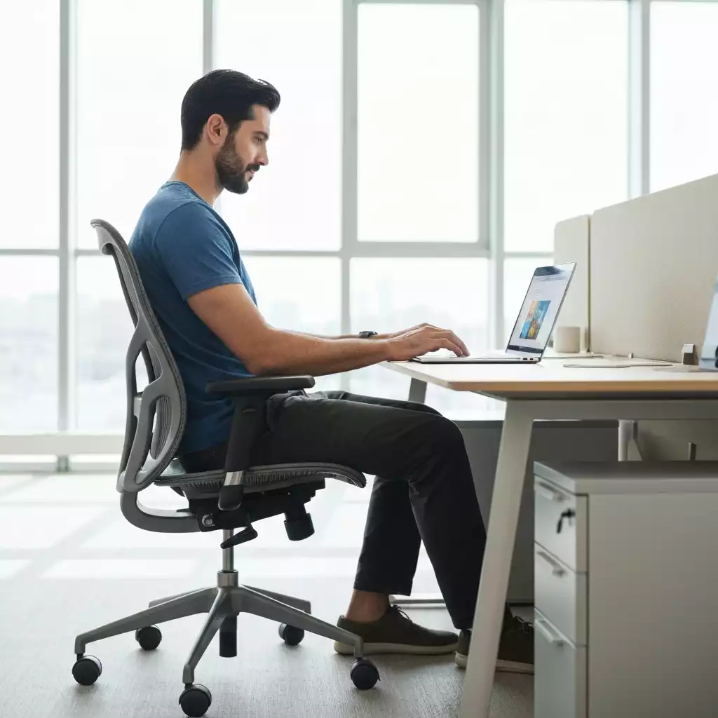 Tall person comfortably seated in an ergonomic office chair, working at a desk, natural lighting, modern office environment