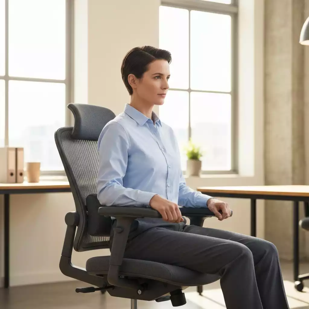 Person using an ergonomic office chair, showing good posture and comfort
