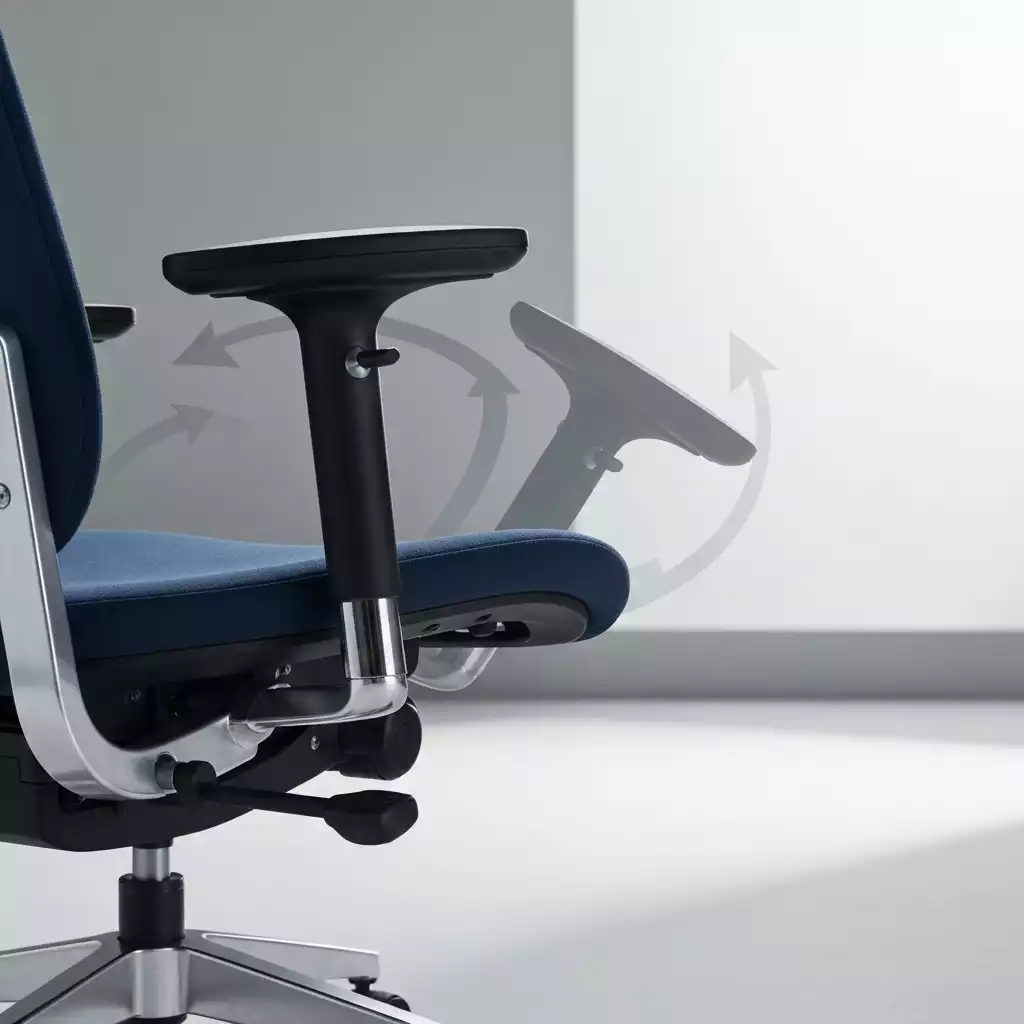 Close-up of an ergonomic office chair highlighting adjustable features like lumbar support and armrests