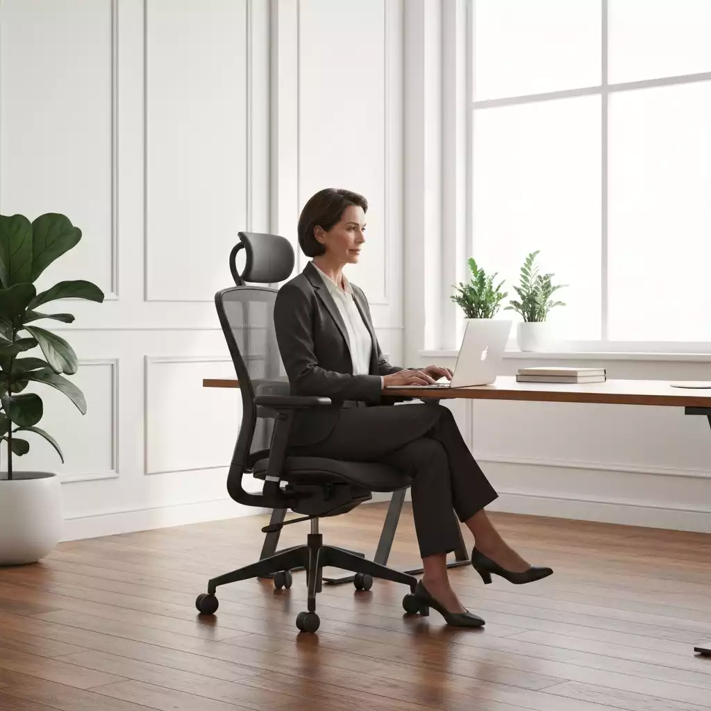 Ergonomic office chair in a modern workspace, with a person sitting in it with good posture, bright and clean environment, no text, no words, no typography, 8K
