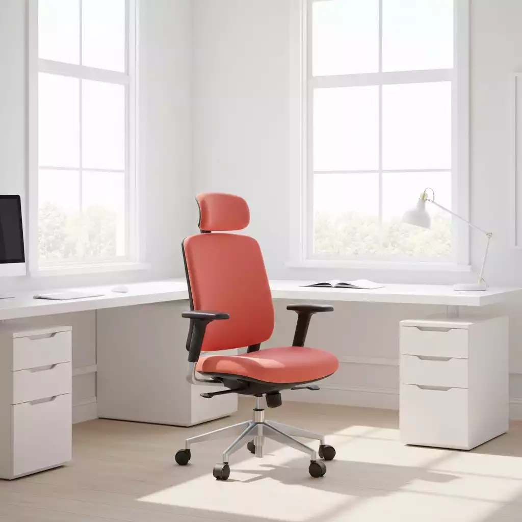 Modern ergonomic office chair in a minimalist home office setting, bright and clean