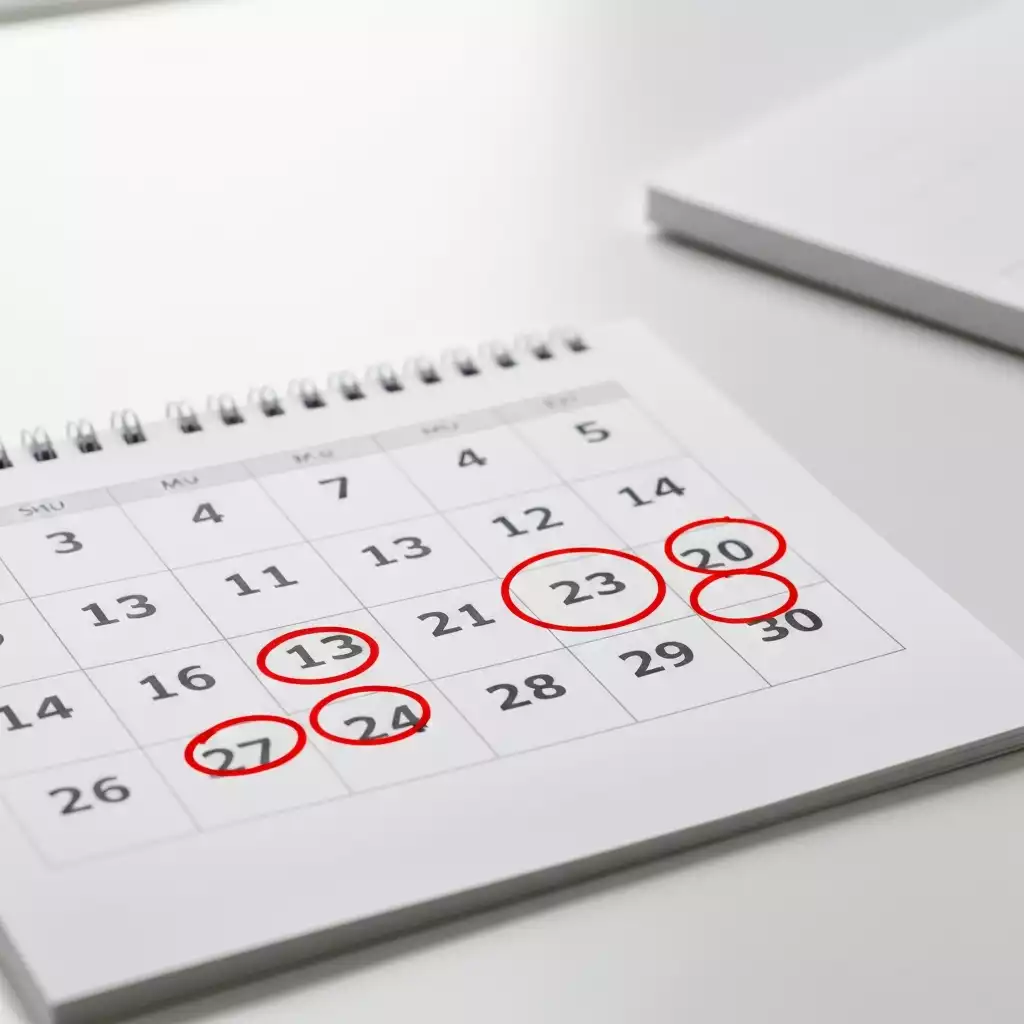 Calendar with circled dates representing sale events