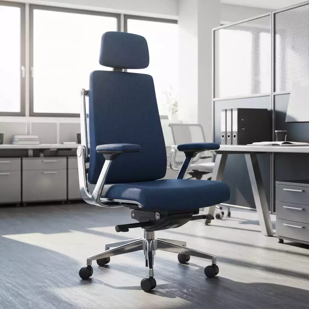 Large ergonomic office chair in a modern office setting