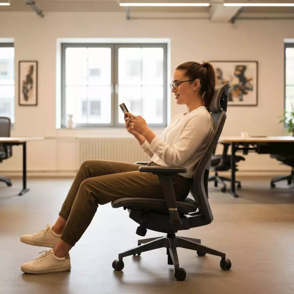 Person adjusting an ergonomic office chair in a clean office, no text, no words, no typography, clean image