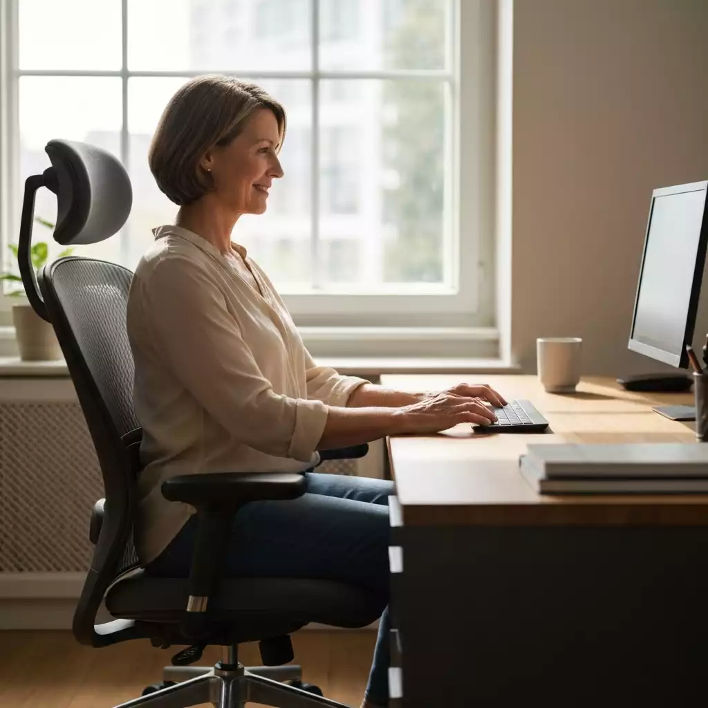 Person comfortably working at a desk with an ergonomic office chair, natural light