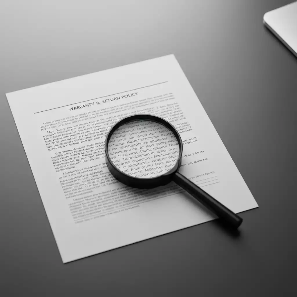 Document with warranty and return policy details, focus on fine print
