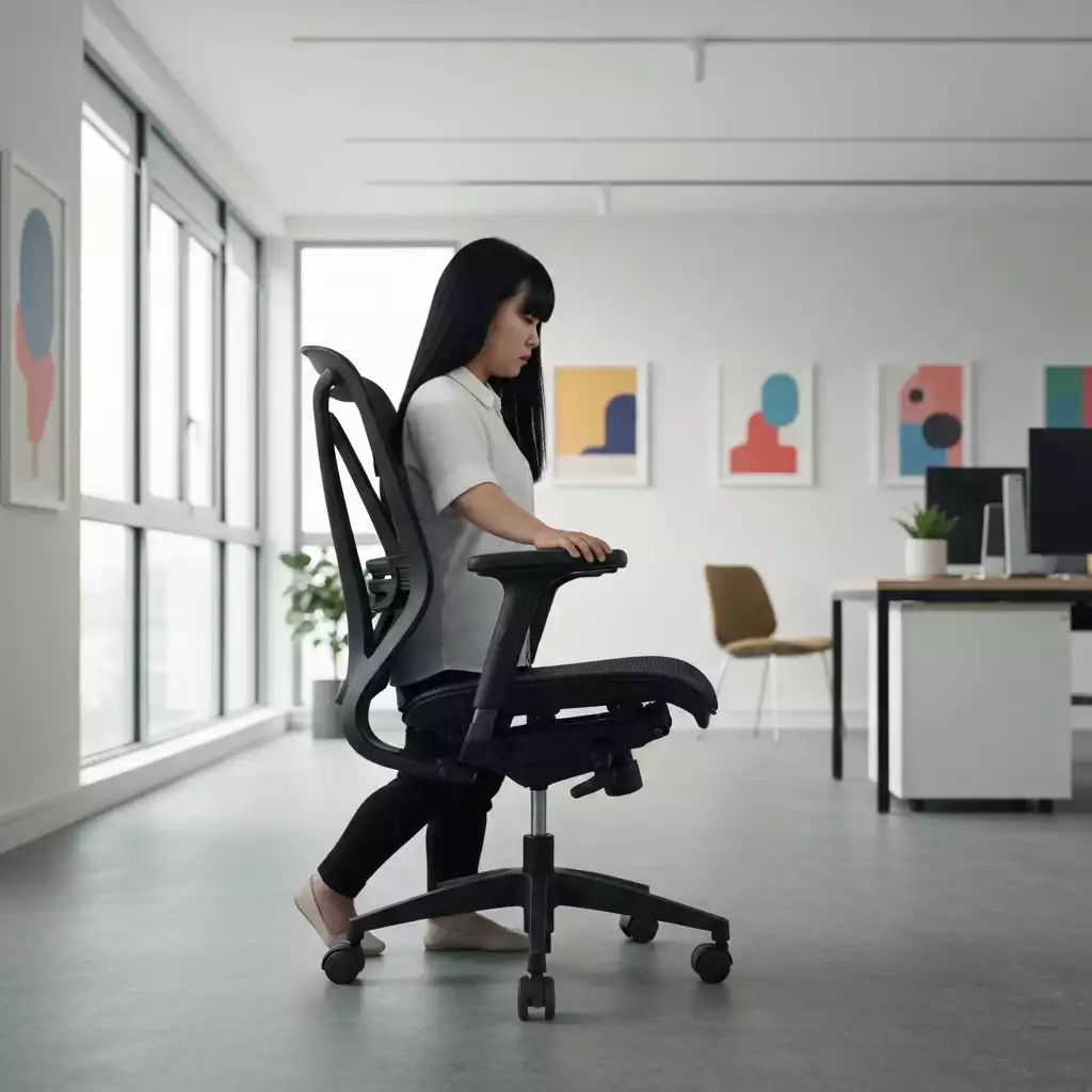 Person adjusting seat depth on an ergonomic office chair