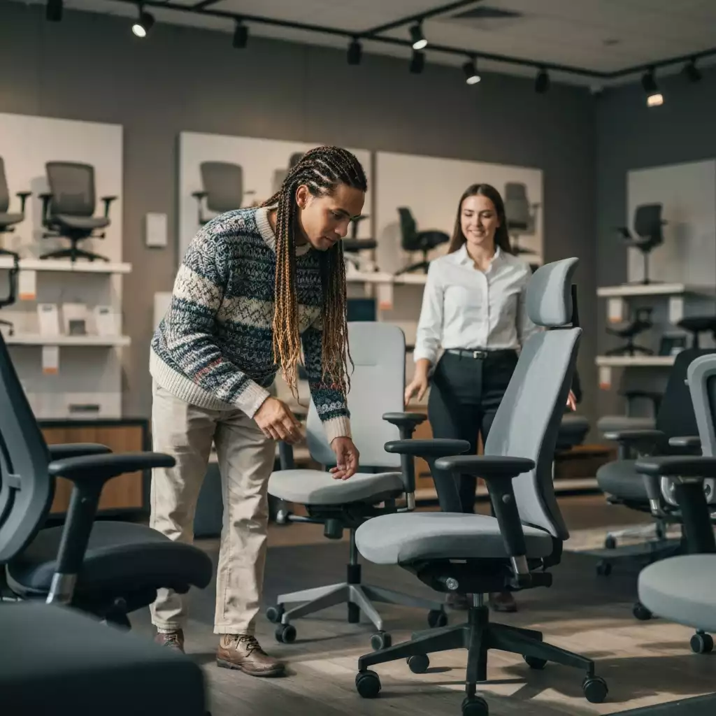 Person shopping for an ergonomic chair in a local store