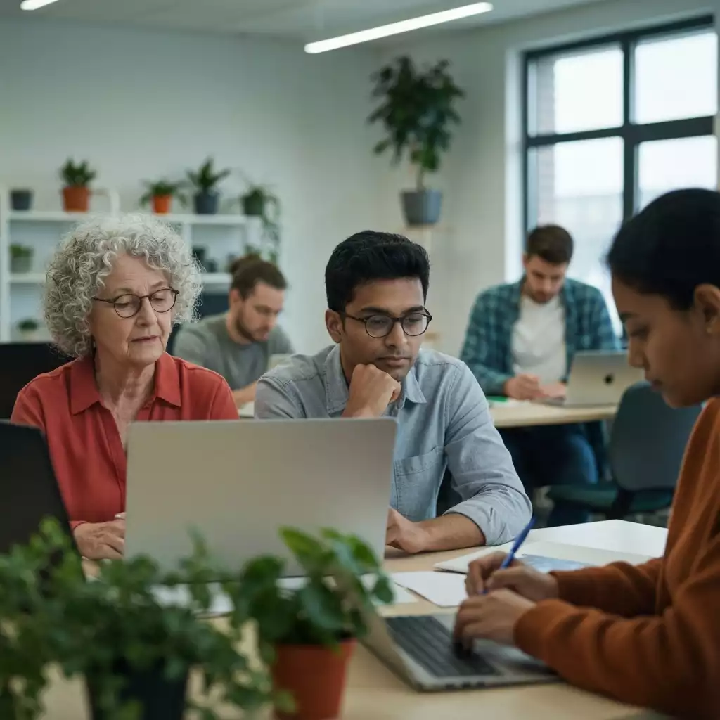 A diverse collection of office chair covers in various colors, textures, and patterns, neatly folded or draped, suggesting a wide selection