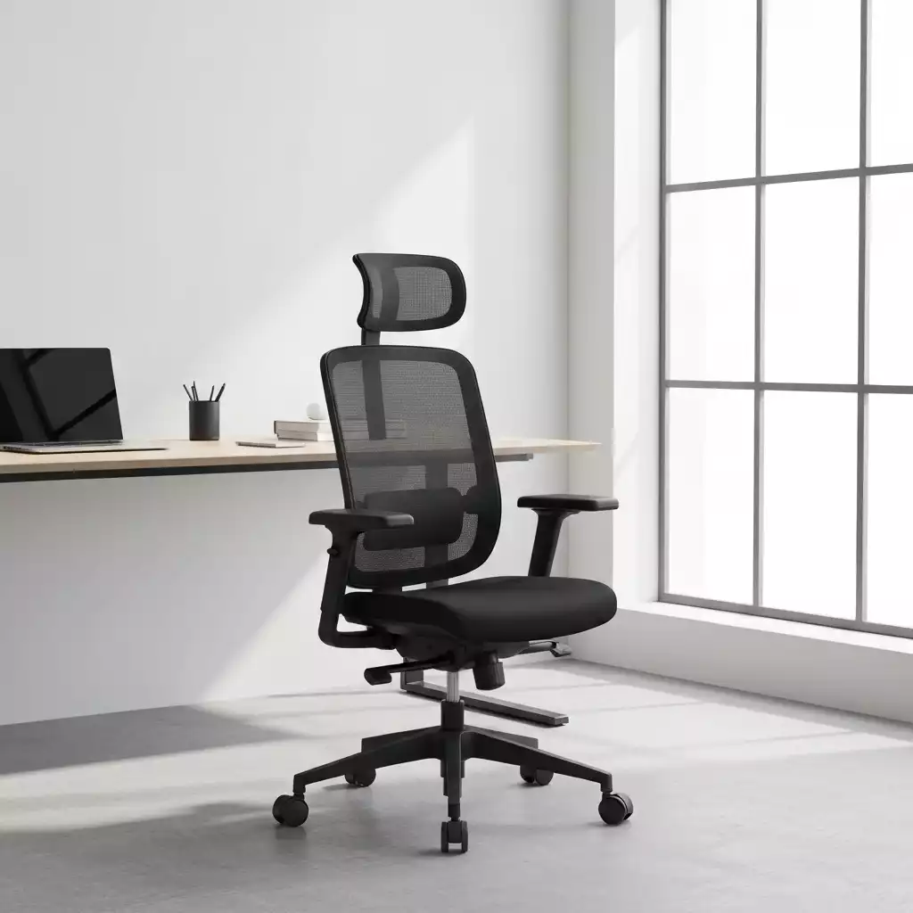 Black ergonomic office chair in a modern, minimalist office setting
