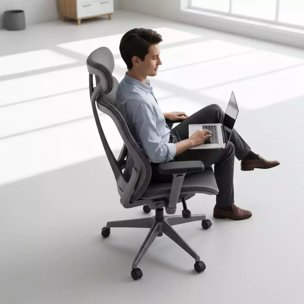 Person using an ergonomic office chair, showing good posture and comfort