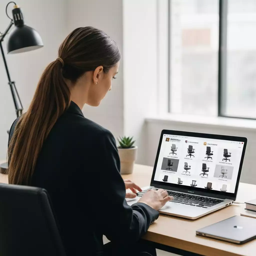 Person browsing office chairs on a laptop, showing different online retailers