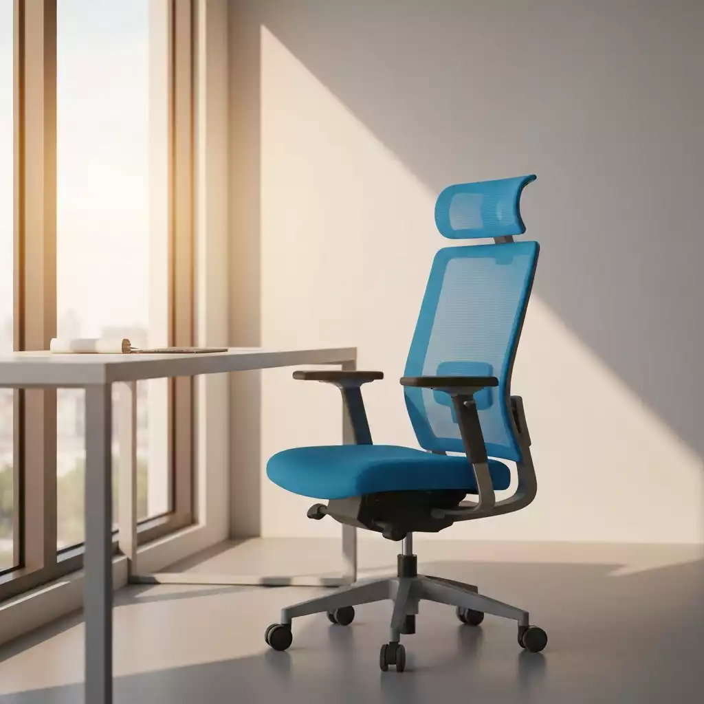 Modern ergonomic office chair in a clean, minimalist office setting, bright natural light