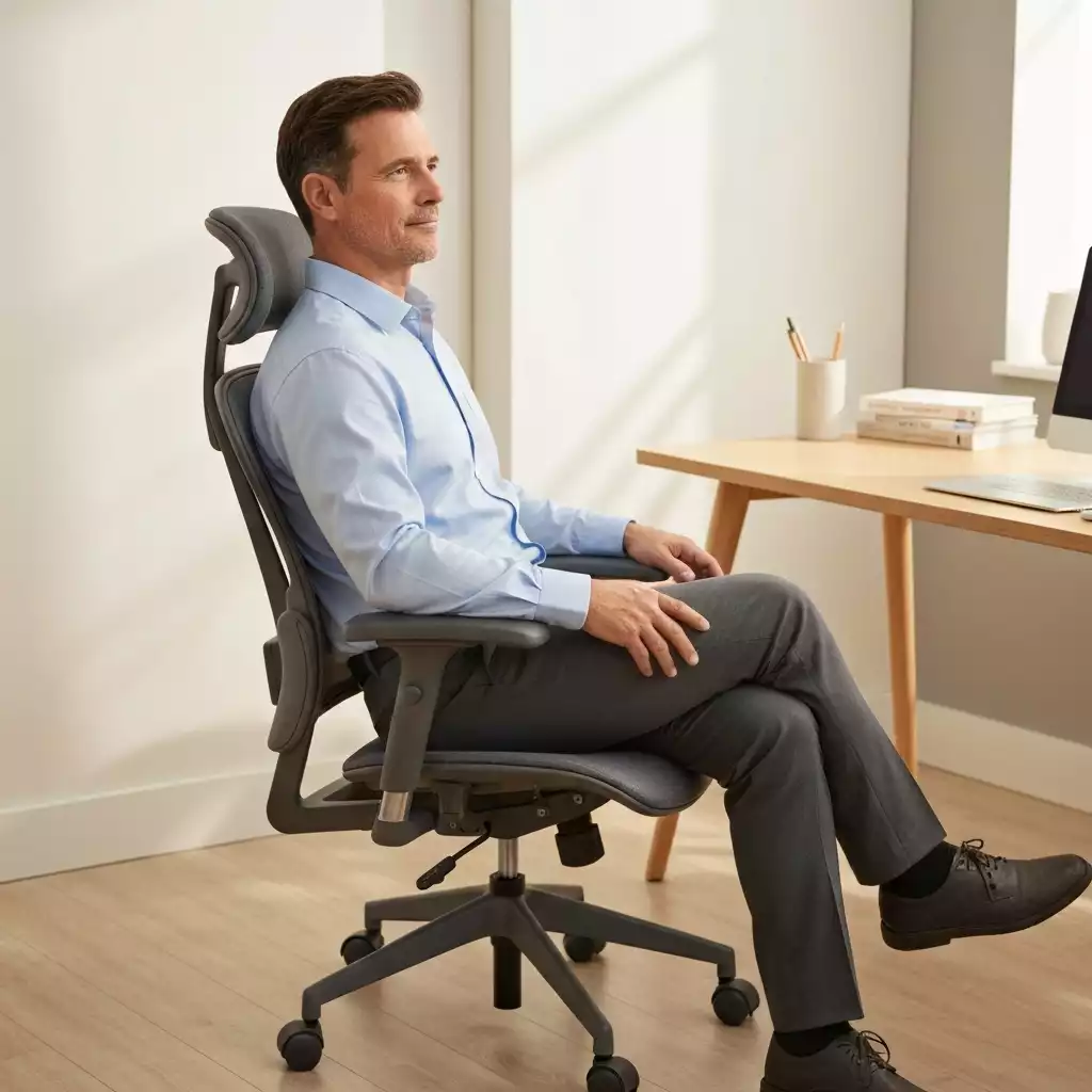 Person using an ergonomic office chair in a modern home office setting