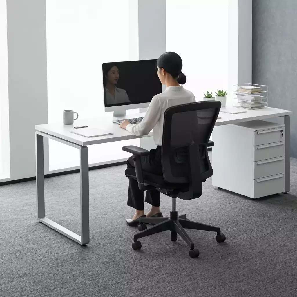 Person comfortably working at a desk in an ergonomic office chair, natural lighting, modern office
