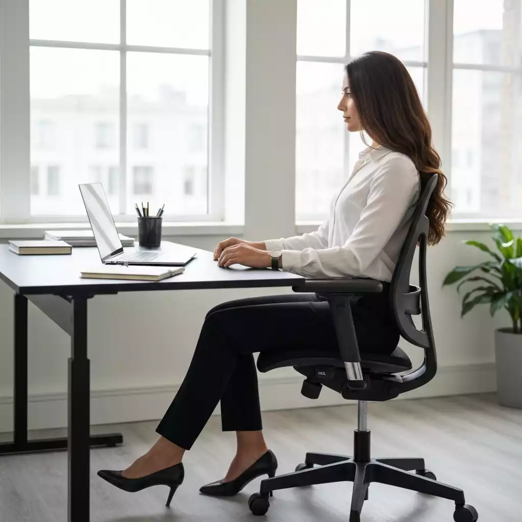 Person sitting comfortably in an ergonomic office chair at a modern desk, illustrating improved posture and focus