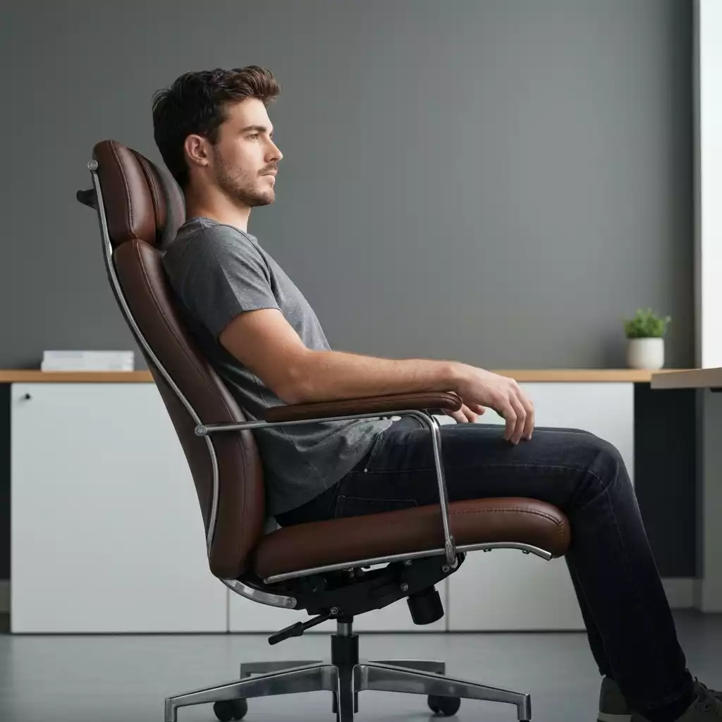 Person working comfortably in a stylish executive office chair, clean background