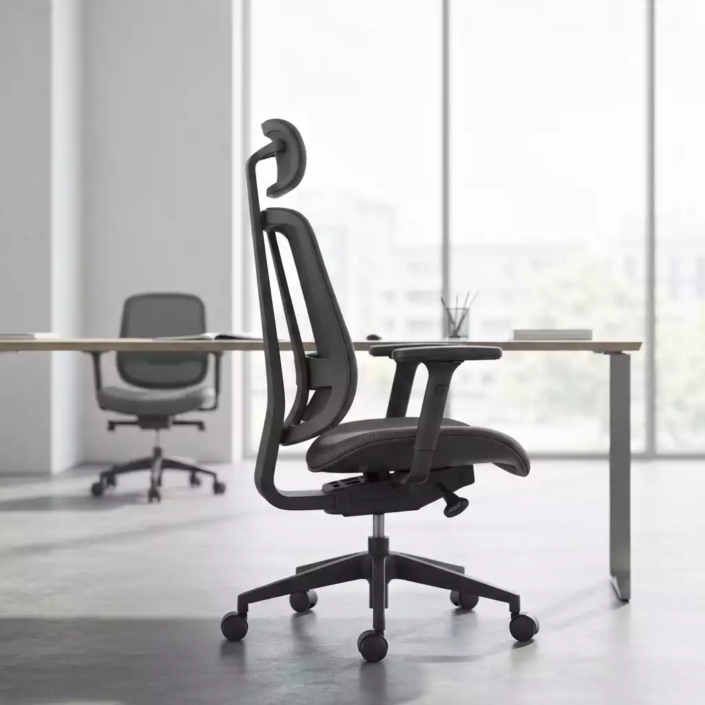 Modern ergonomic office chair in a clean, brightly lit office setting