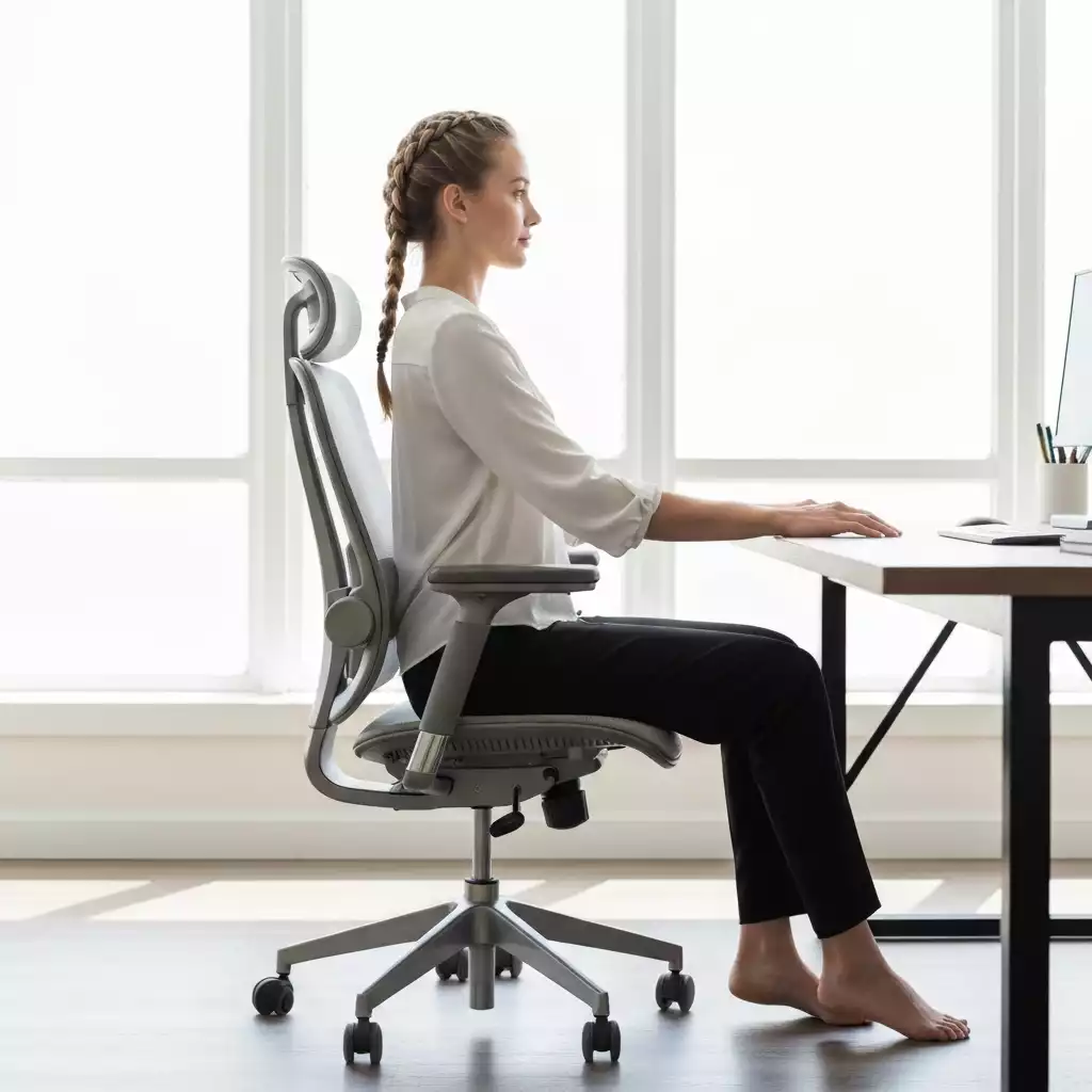 Person using an ergonomic office chair, showing good posture and comfort