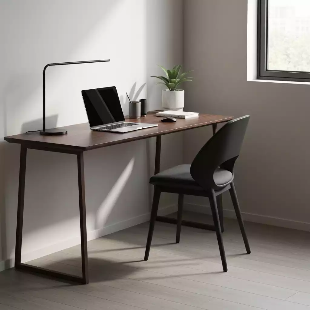 Modern small office desk with a laptop and ergonomic chair in a minimalist room