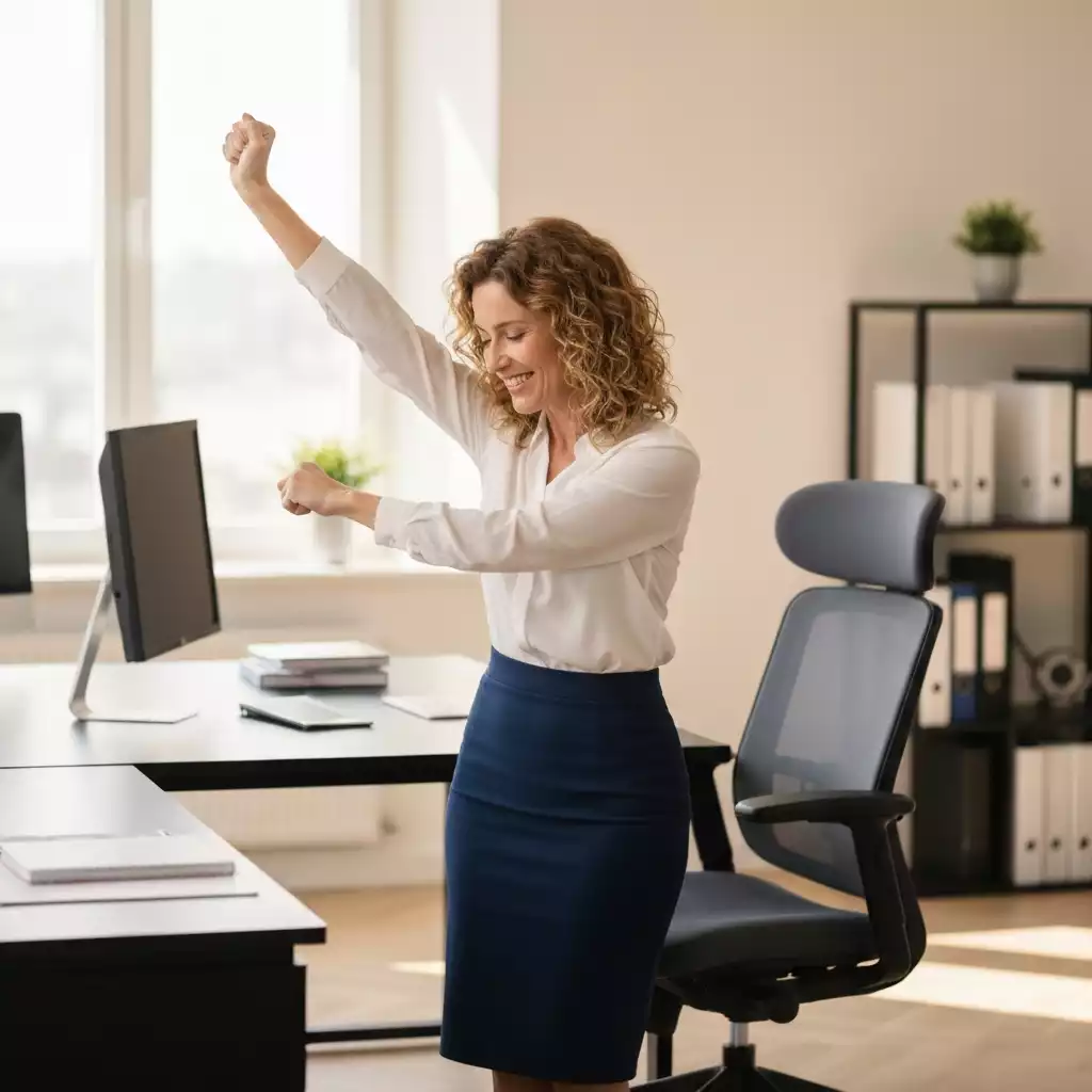 Woman happily stretching at her desk in a modern office