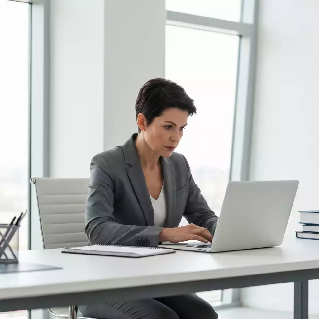 Professional looking woman in a modern office, actively working on a laptop with a focused expression, representing strategic planning and action, bright and clean environment, no text, no words, no typography