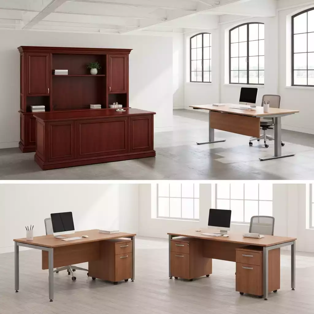 Various types of office desks including traditional, standing, L-shaped, and compact designs, in a modern office environment