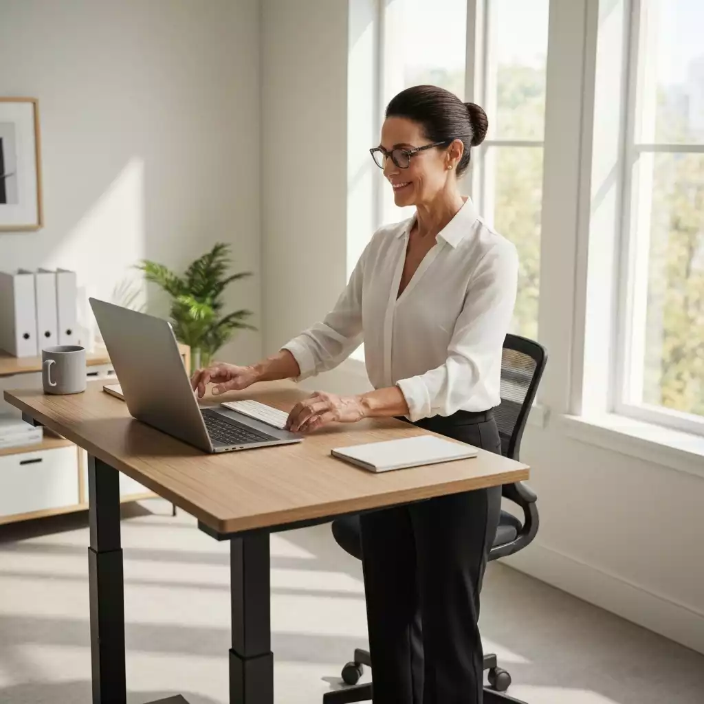 Person using an adjustable standing desk in a bright, modern office setting