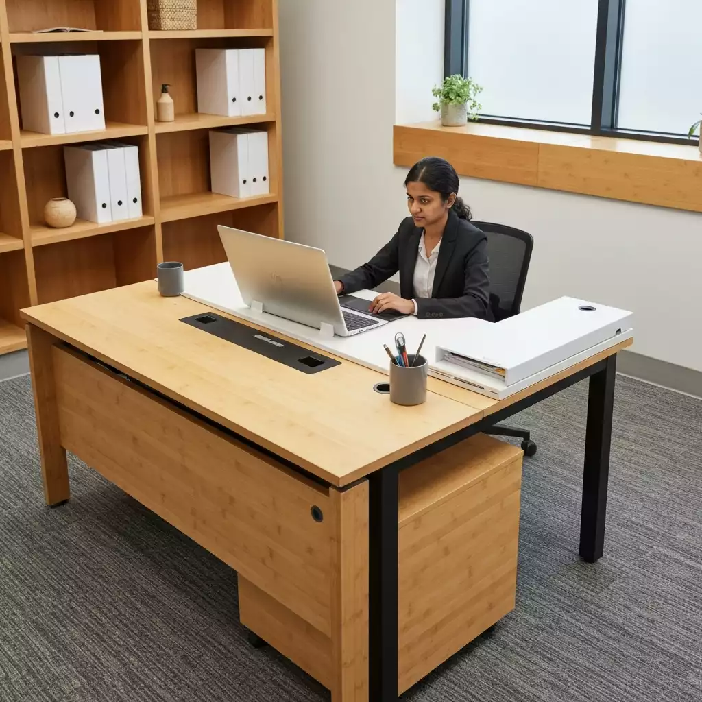 Professional working at an innovative corner office desk with integrated smart technology and sustainable materials, modern office, no text, no words, no typography, clean image