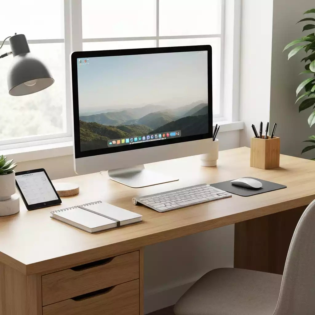 Clean and organized modern home office desk with various desk accessories and organizational tools