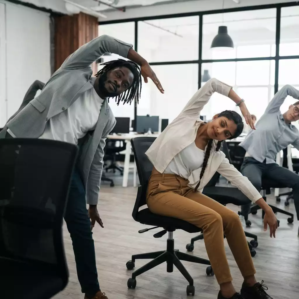 Diverse group of office workers participating in a seated office stretch
