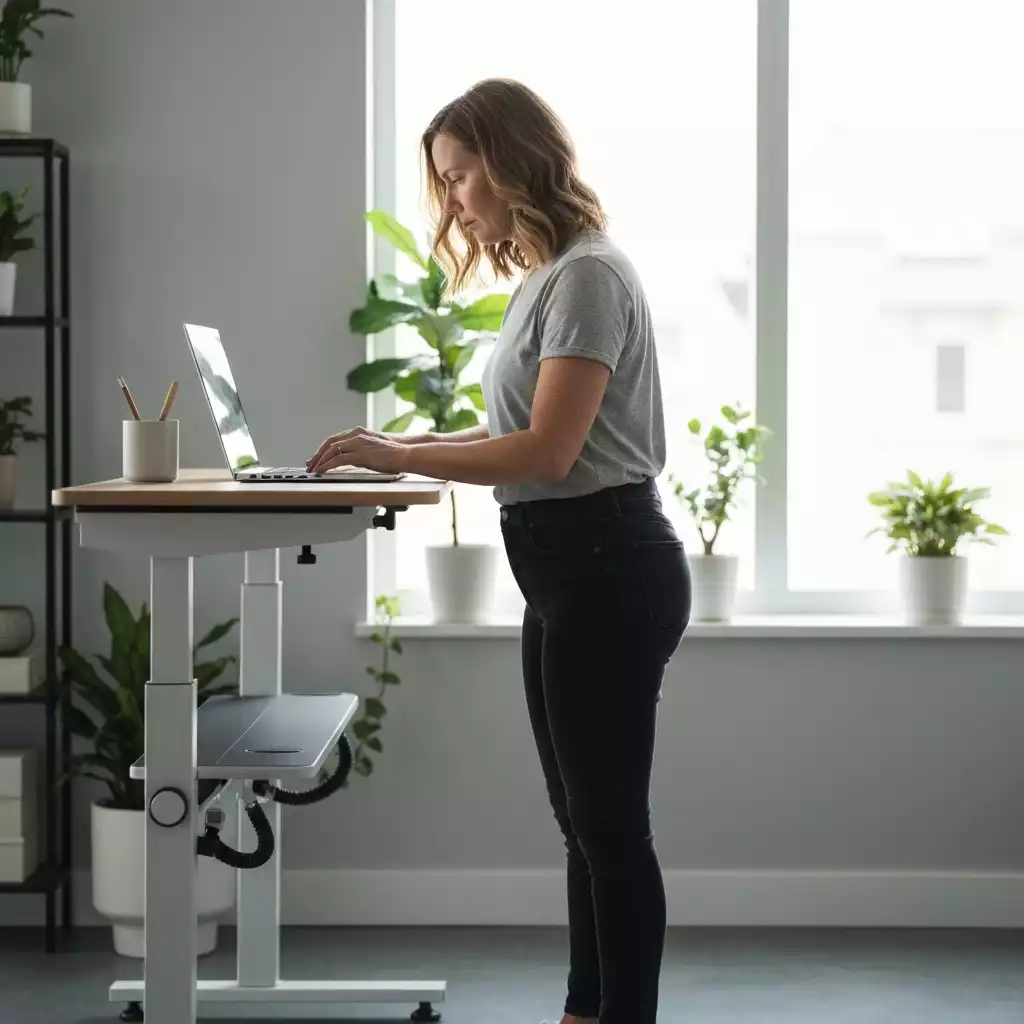 Person using an adjustable standing desk in a modern home office