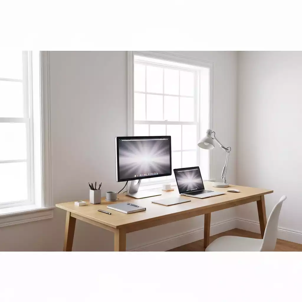 Modern ergonomic office desk setup with a laptop, monitor, and organized accessories