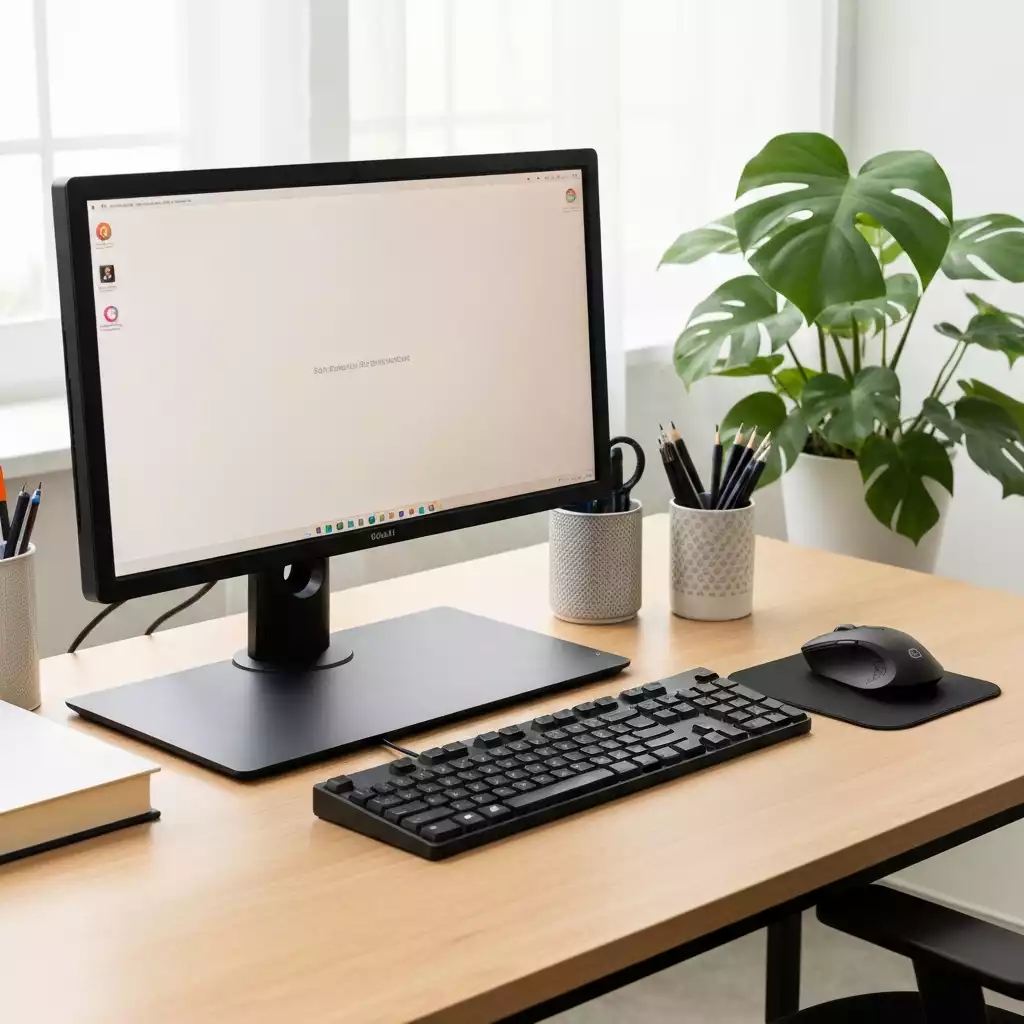 Ergonomic desk setup with monitor, keyboard, mouse, and a plant, focus on comfort and productivity, no text, no words, no typography, clean image
