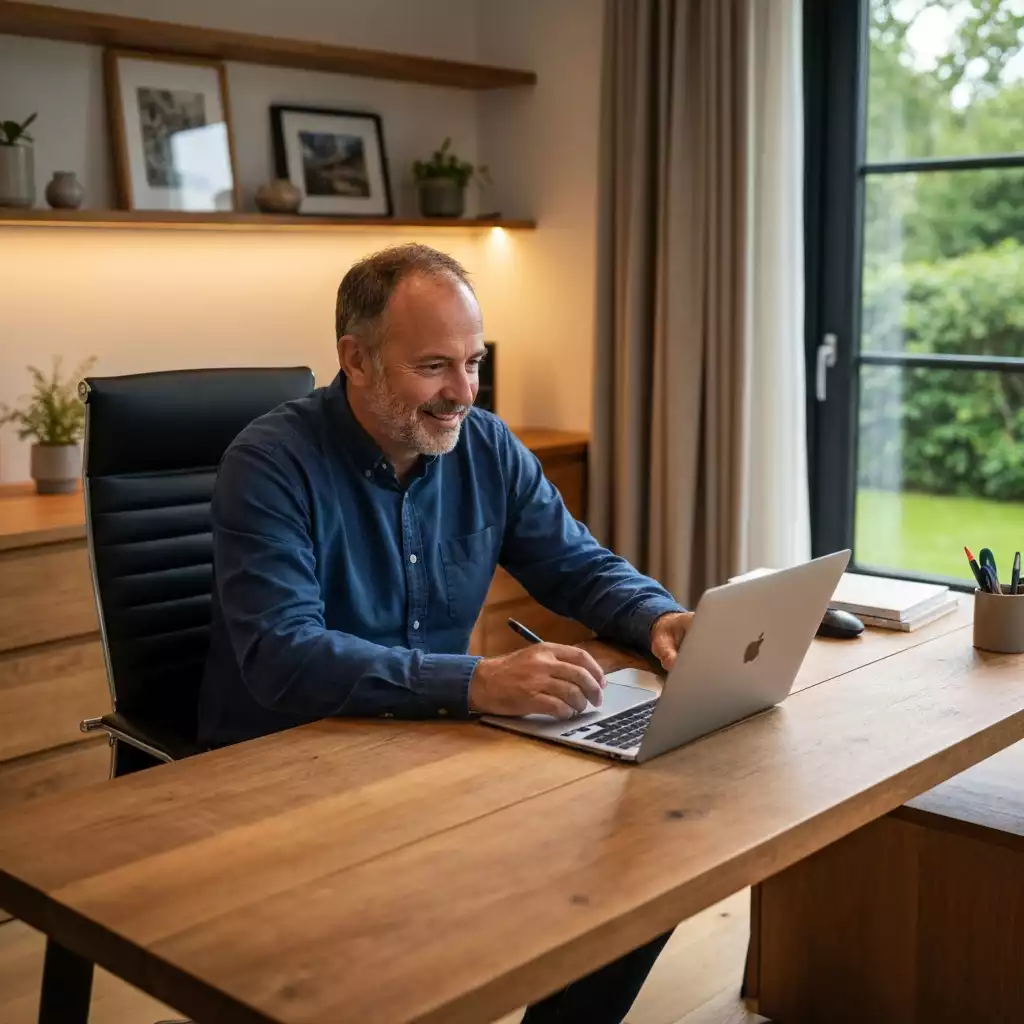 Person working comfortably at an ergonomic standing desk, showing good posture and focus