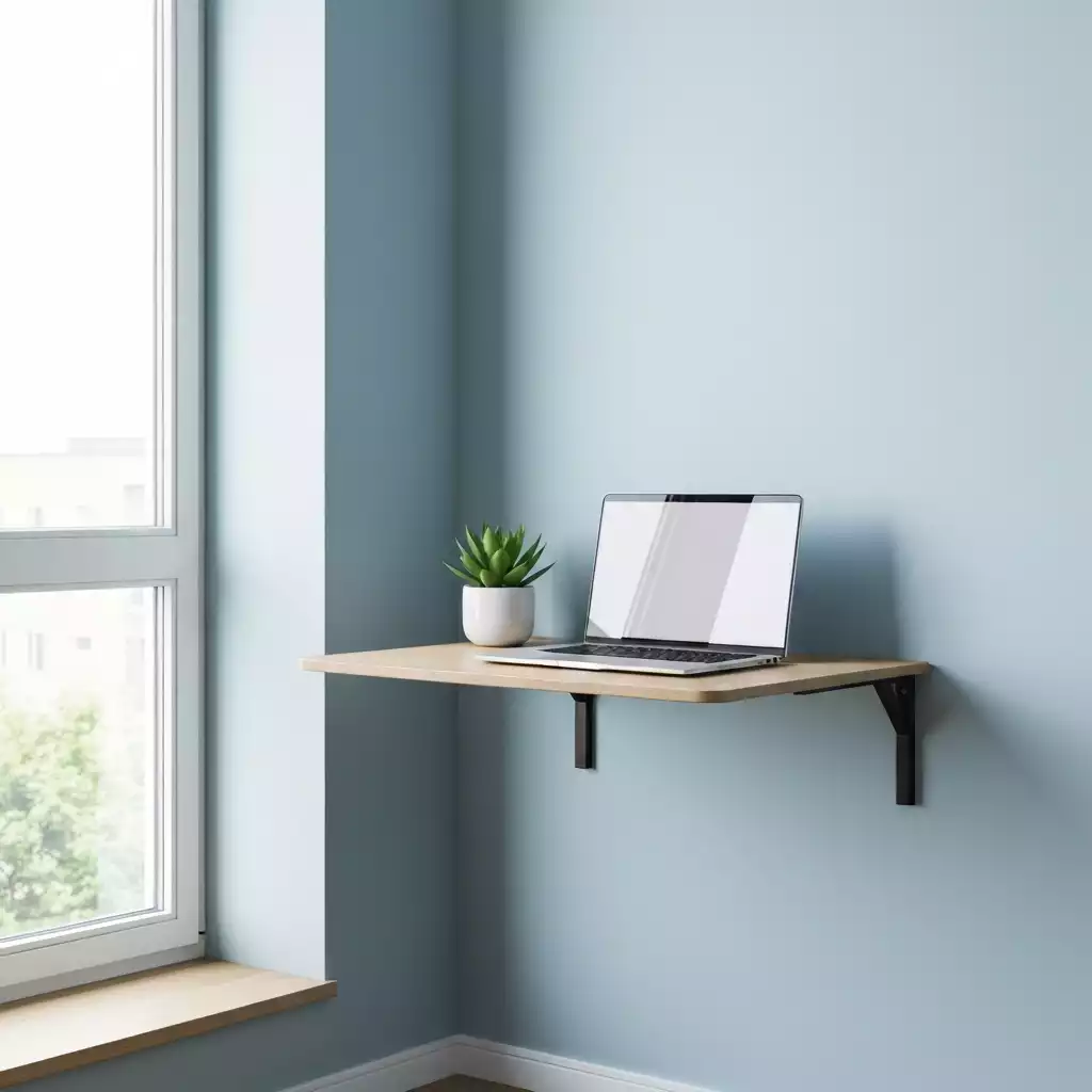 Stylish foldable desk mounted on a wall in a small apartment, with a laptop and a plant, natural light, no text, no words, no typography, clean image